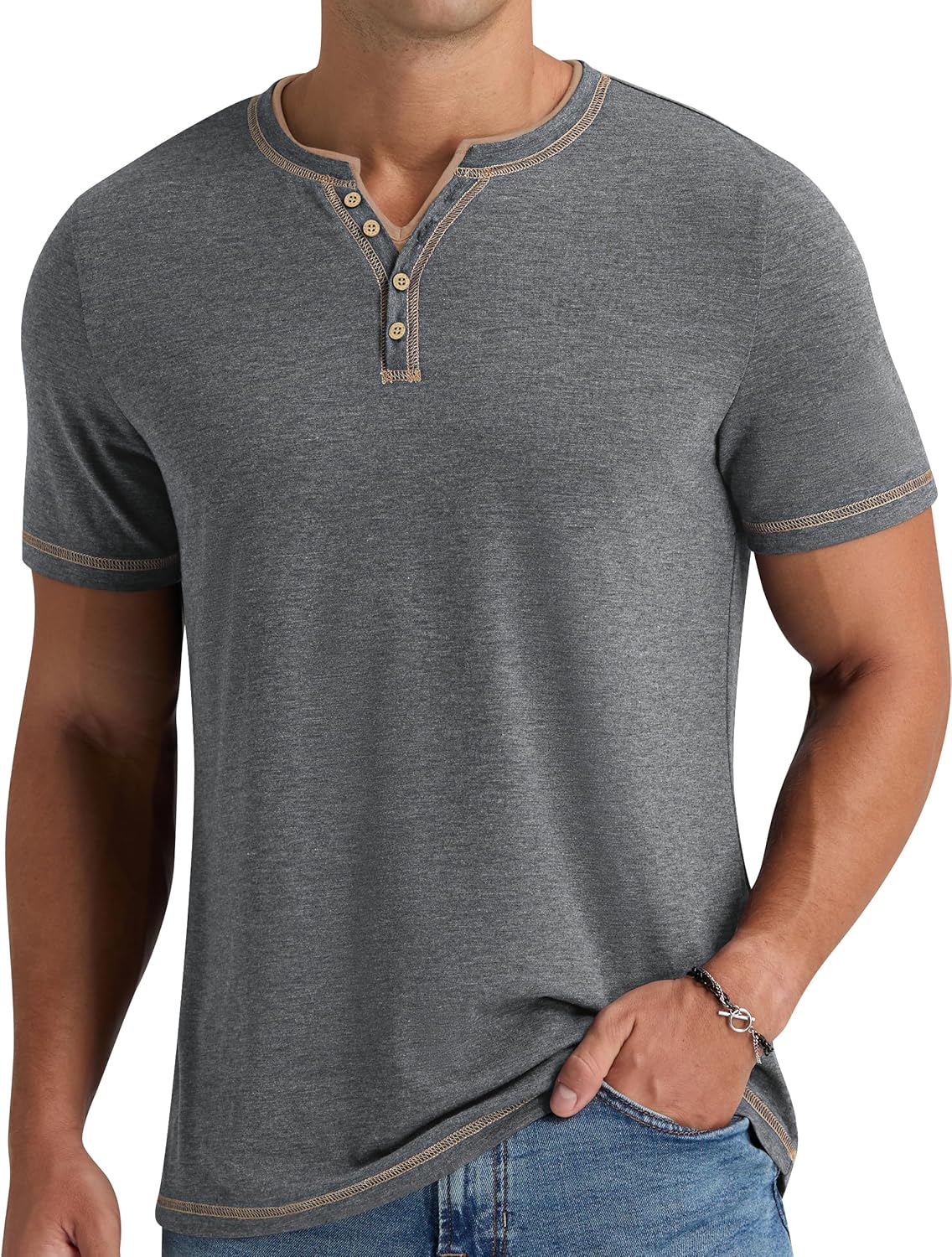 Thumbnail 5 de NITAGUT Henley T-Shirt für Herren mit V-Ausschnitt und Knopfleiste – kurzarm, slim fit für den Sommer