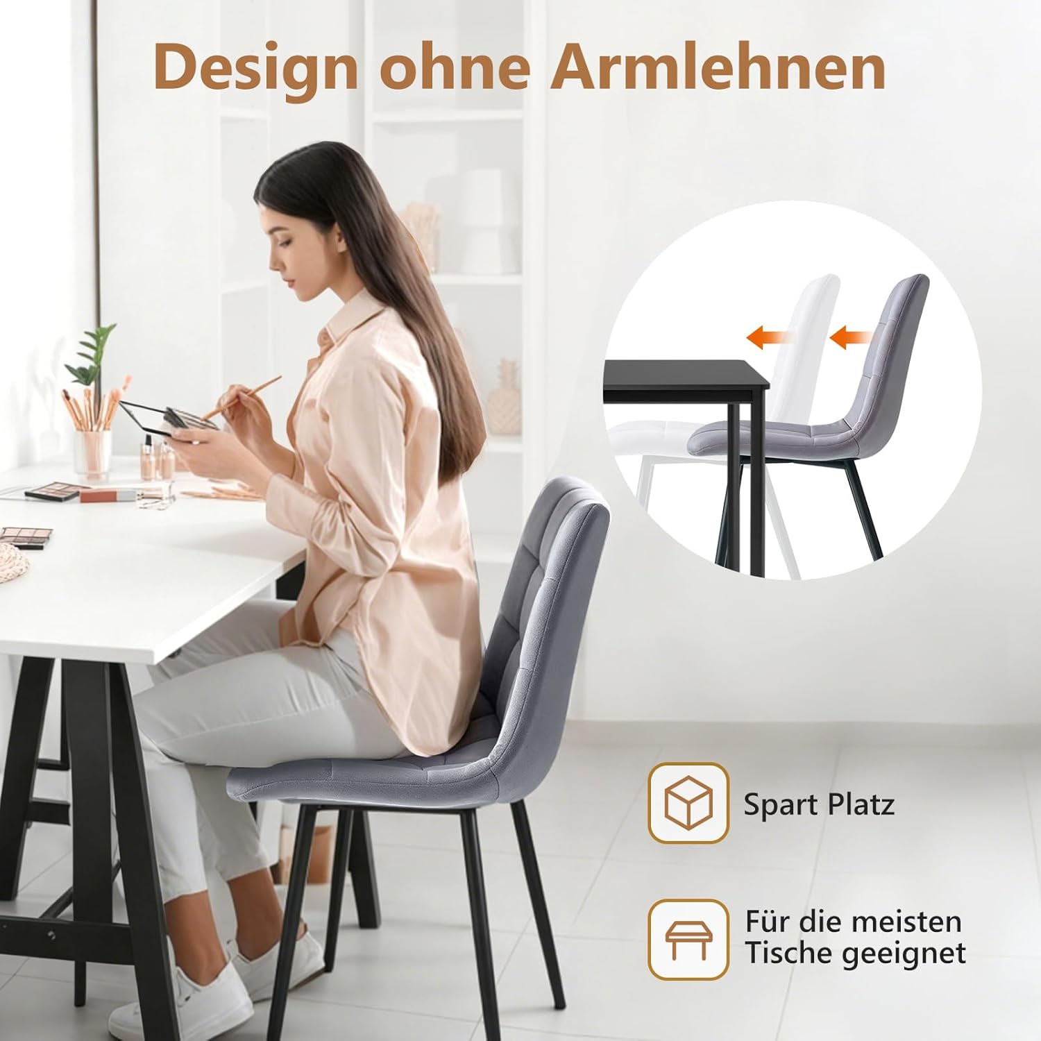 Detalle de Sweetcrispy Esszimmerstuhl – 2er-Set, Grau, mit Metallbeinen, Samtpolsterung, ohne Armlehnen