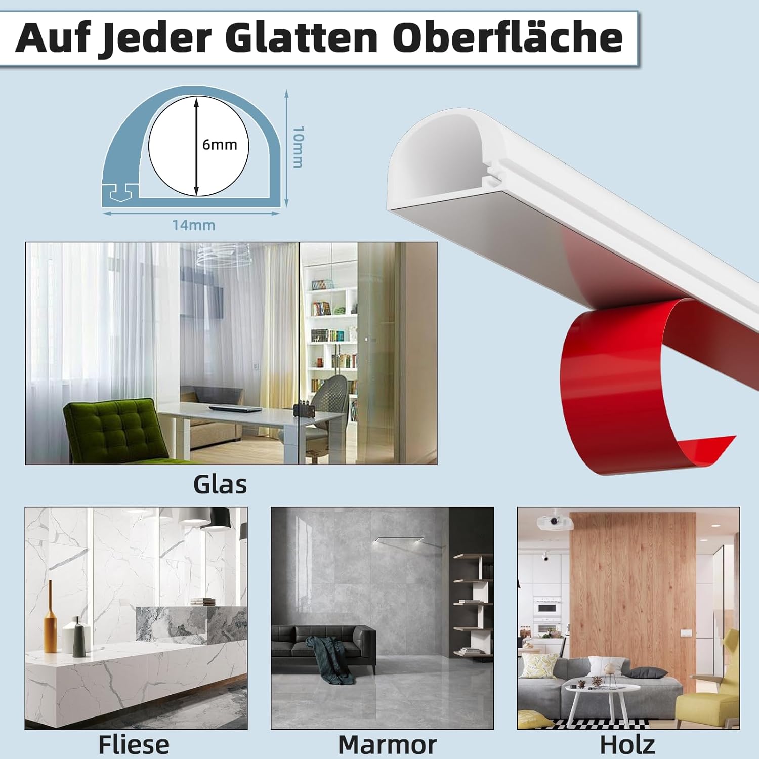 Thumbnail 3 de Kabelkanal Weiß Selbstklebend – Halbrund, 14 × 10 mm, 3 m, Silikon Kabelversteck für Wand/TV/Decke
