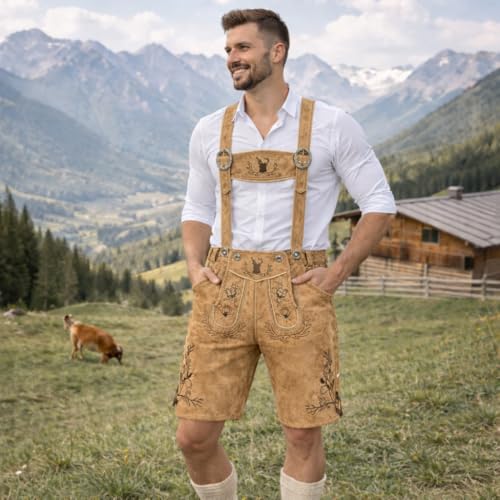 Thumbnail 2 de PAULGOS Herren Trachten Lederhose HK3 + Träger, Echtes Leder, Größe 54, Hellbraun