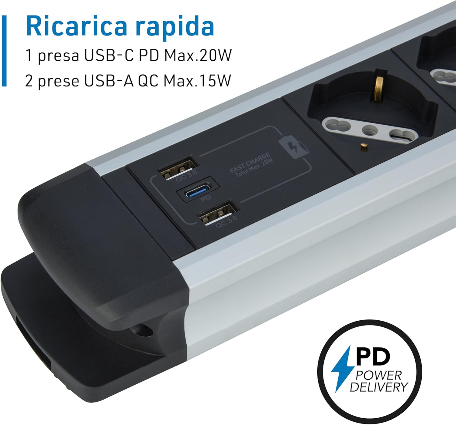 Detalle de Electraline 61922 Alu-Line: Multipresa 8 Posti con USB PD, Schuko e Interruttore luminoso