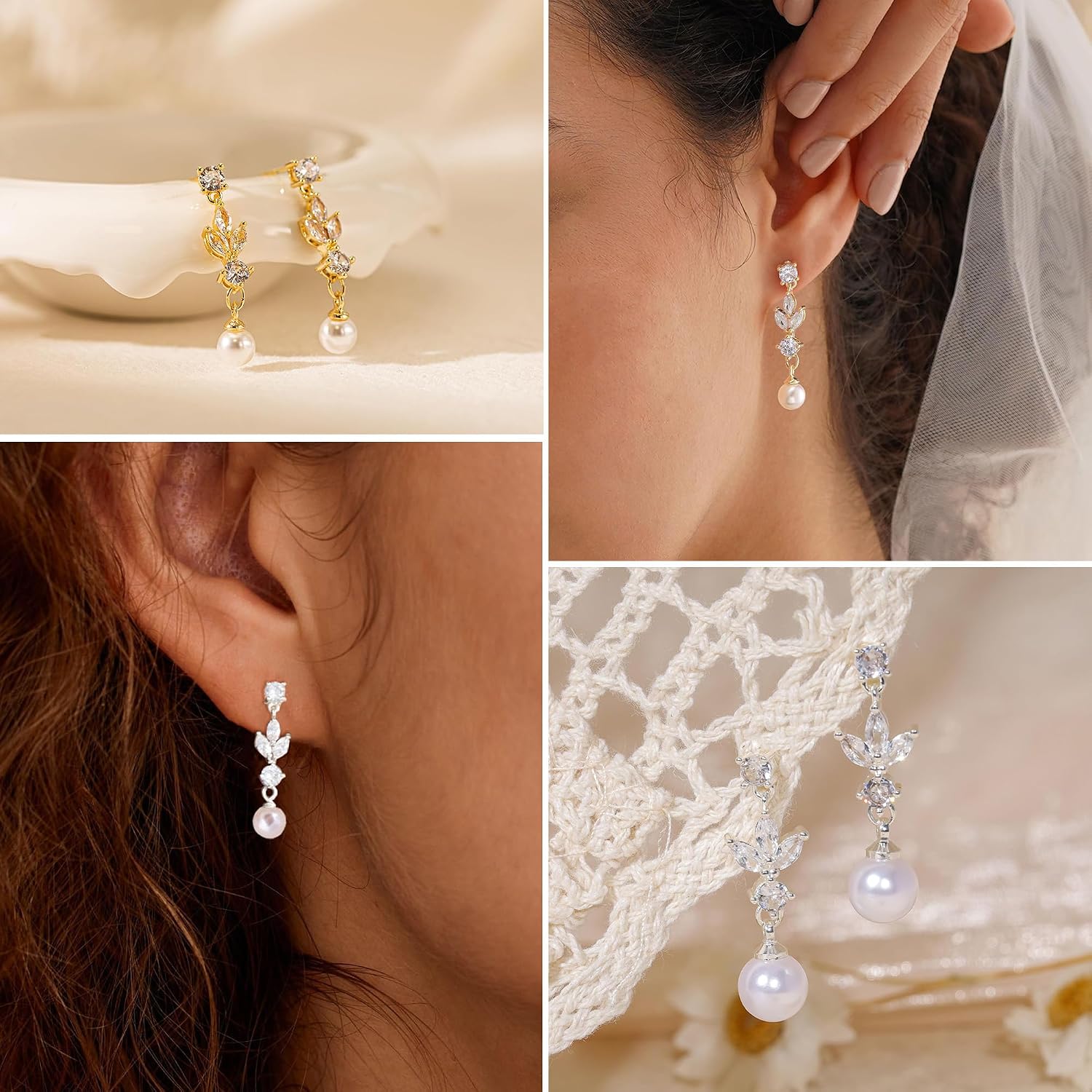 Detalle de HARJJME Perlen Ohrringe Silber 925 | 14K vergoldete Hänger mit Zirkonia – lang, hypoallergene Modeschmuck