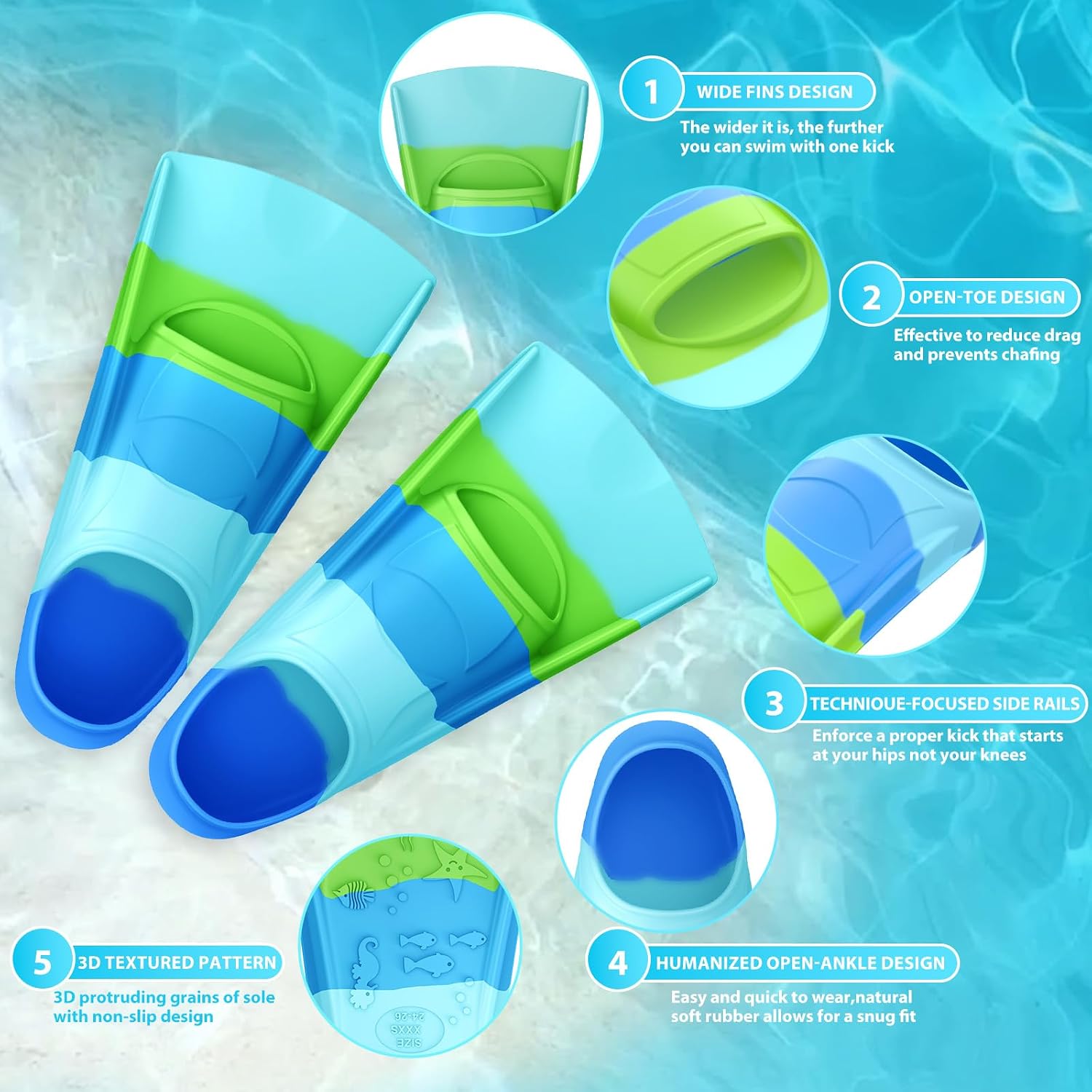 Detalle 2 de Gintenco Swim Fins: Kids Short Training Fins for Lap Swimming with Travel-Ready Design