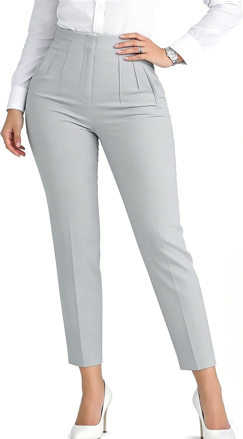 Detalle de LOVESHOOT Women’s Stretchy High-Waisted Pleated Straight-Leg Dress Pants