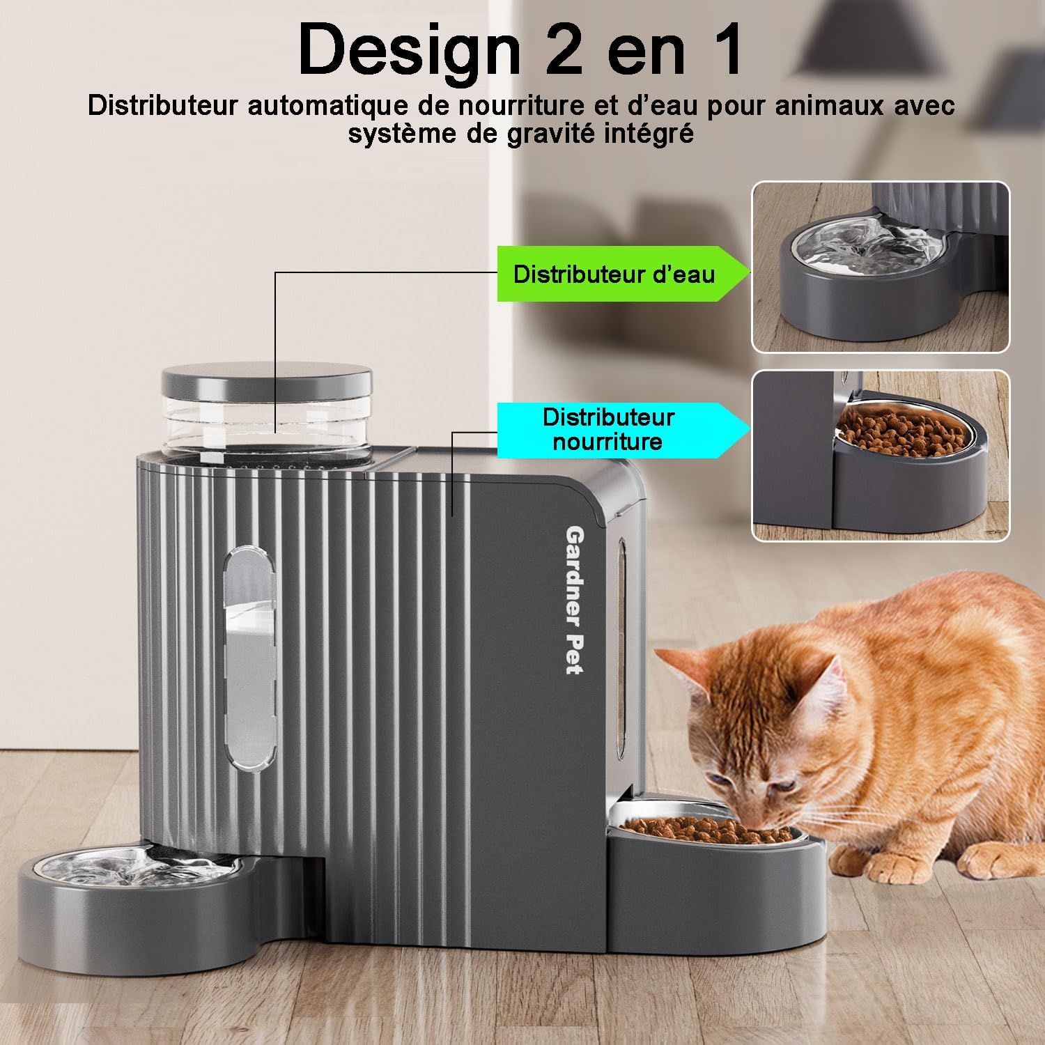 Thumbnail 1 de Gardner Pet Distributeur 2-en-1 croquettes et eau automatique par gravité 6L*2, sans électricité, avec gamelles inox