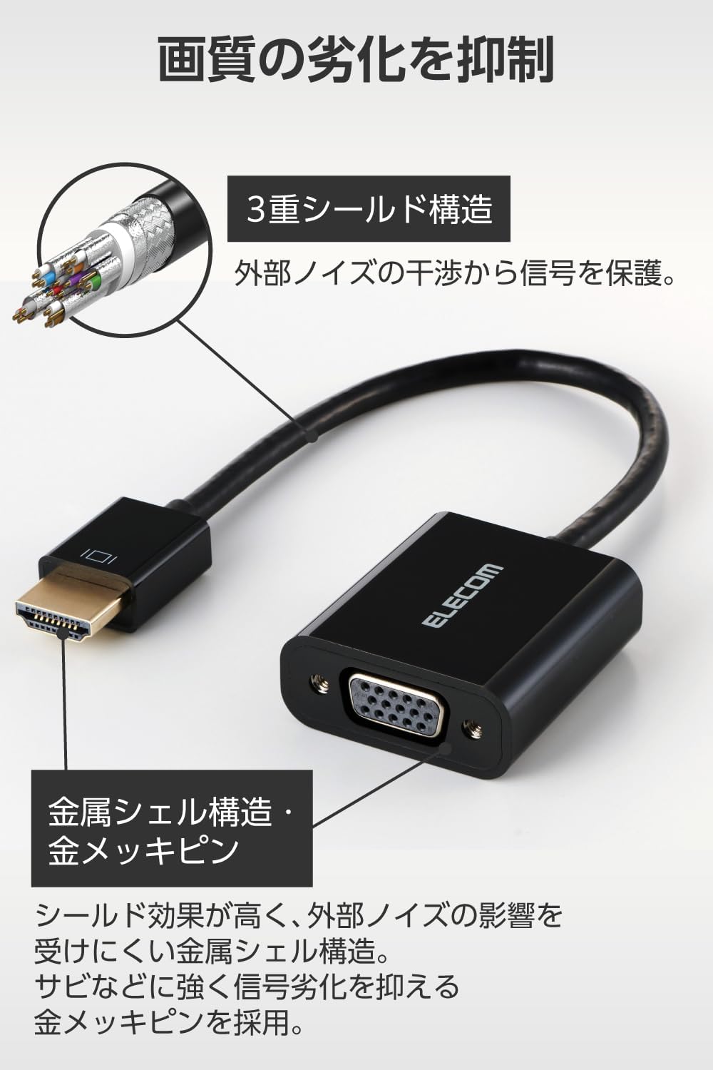 Detalle 1 de エレコム EC-HDMIVGABK2 HDMI-VGA変換アダプター 約15cm・FHD/60Hz対応