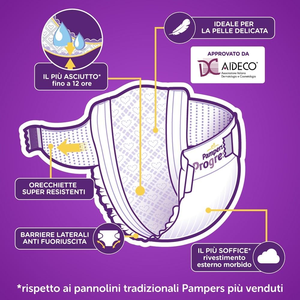 Thumbnail 6 de Pampers Progressi Junior Taglia 5 (11-25 kg) – Scorta da 108 pannolini + 500 Punti Omaggio, con Indicare di Bagnato e Linguette Rinforzate