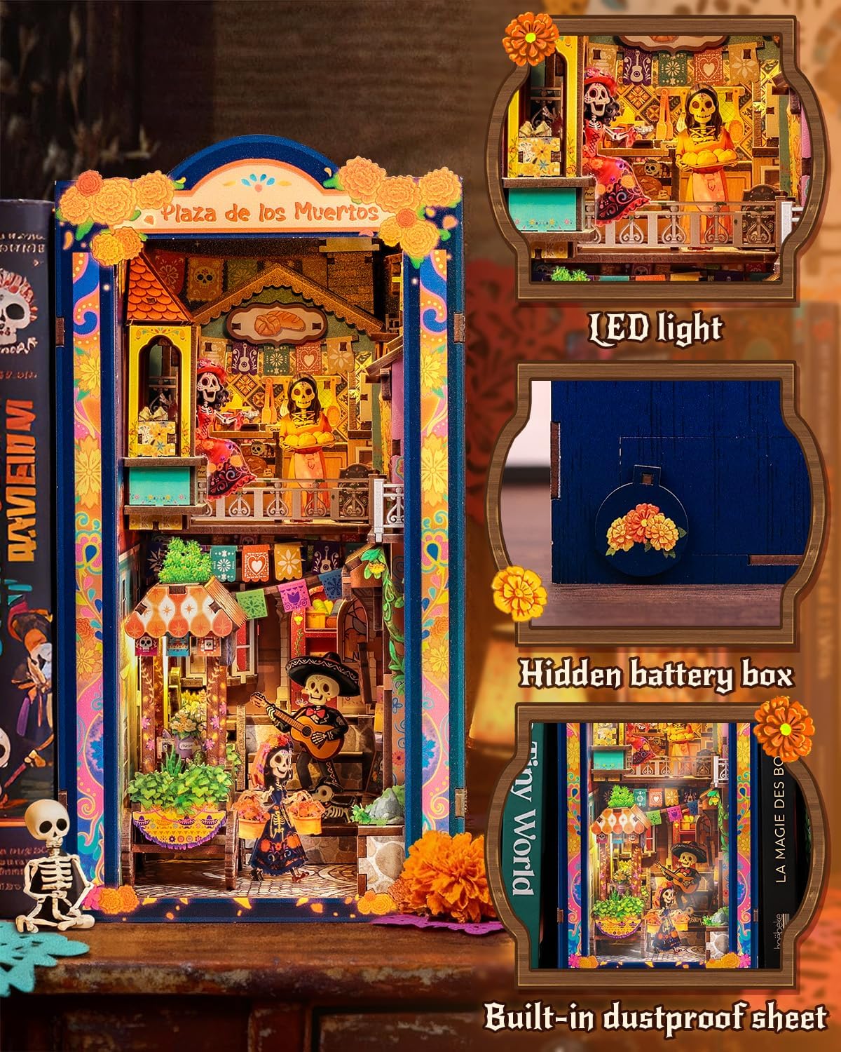 Detalle de CUTEBEE Book Nook Kit - Mexican Fiesta Day of the Dead LED Miniature Dollhouse