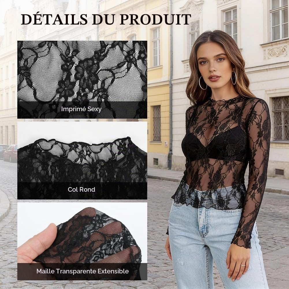 Detalle 2 de BSBUY 5477500 kanten mesh-top voor dames met bloemenprint en lange mouwen
