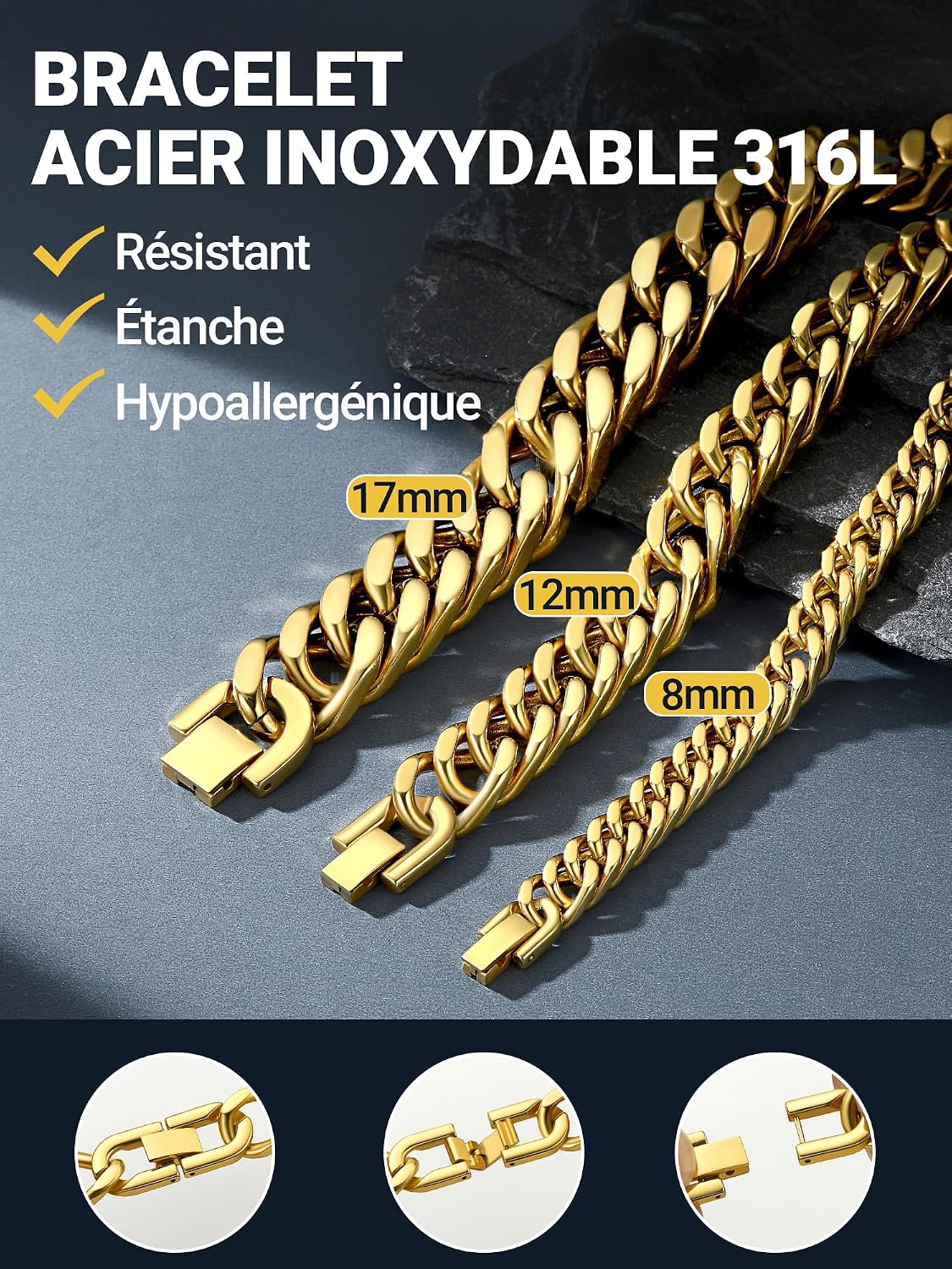 Thumbnail 5 de PROSTEEL Gourmette homme en acier inoxydable 316L (19 cm) en plaqué or jaune/noir, maillons 8/12/17 mm