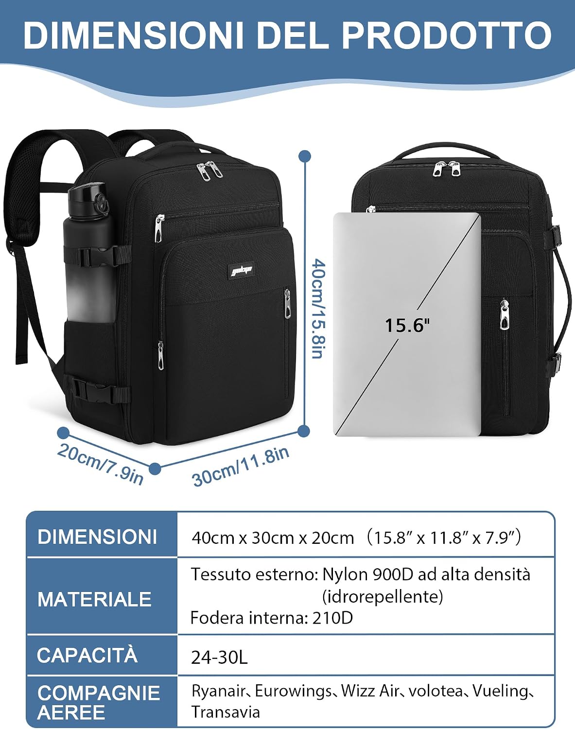 Thumbnail 1 de YOKGO Zaino da Viaggio Ryanair 40x30x20 cm, espandibile 24–30 L, con spazio per laptop 15,6'' e reparto contenitivo