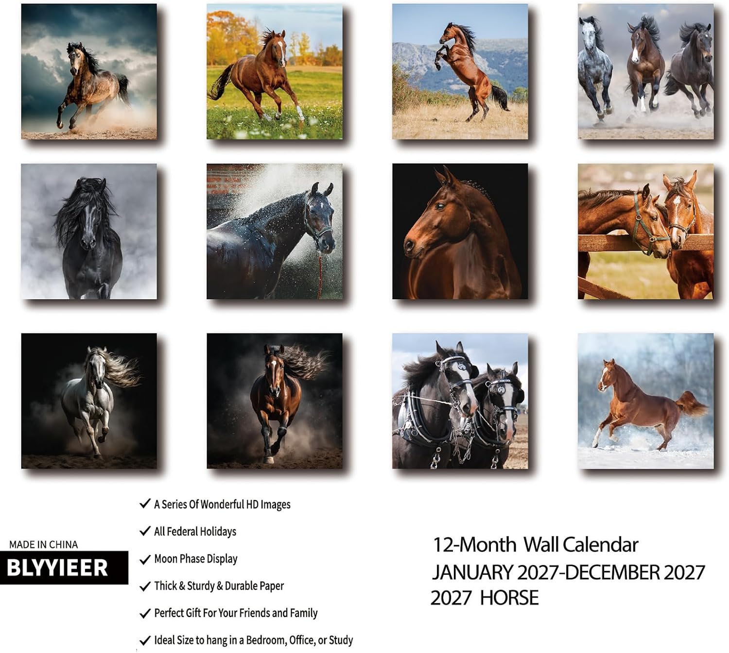 Detalle de BLYYIEER Horse 2027 Wall Calendar, 12" x 24" Open with Monthly Views