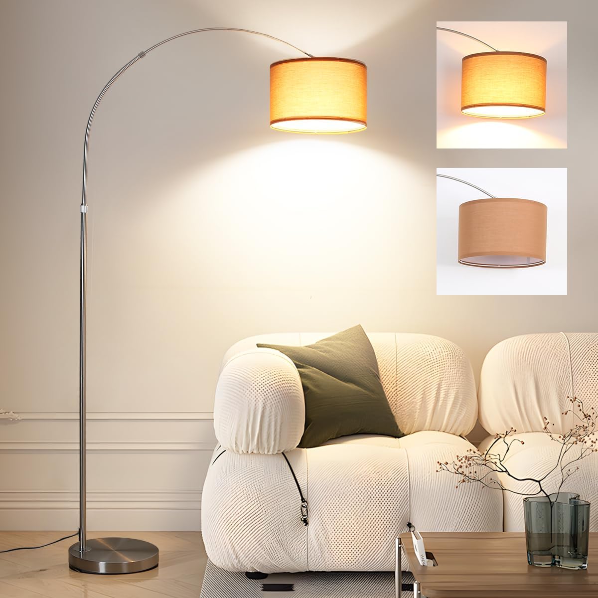 Detalle de ANTENLICHT LUNA Bogenlampe Vintage – Bogen-Stehlampe mit Leinen-Schirm, Fußschalter & E27 (3000K)