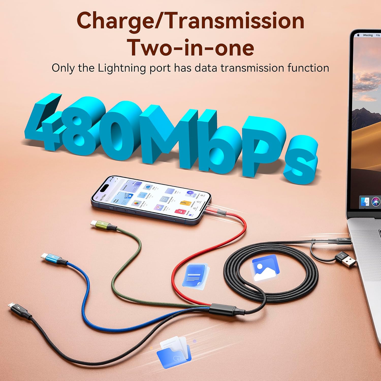Detalle de Minlu Dual USB-C Multi Charger Cable: 4-in-1 USB-C/A charging cable with 2 Type-C ports, Lightning and Micro USB