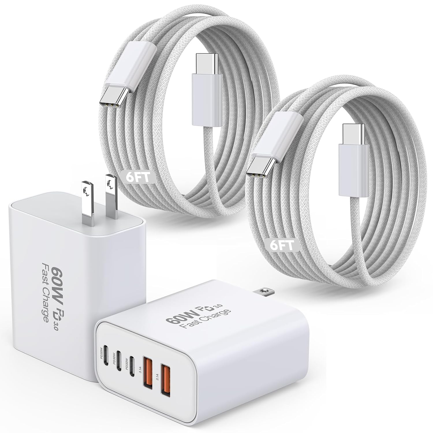 Detalle de iPhone 17/16 Fast Charger Block 60W (2-Pack) with 5 Ports and 6-Ft USB-C Cable
