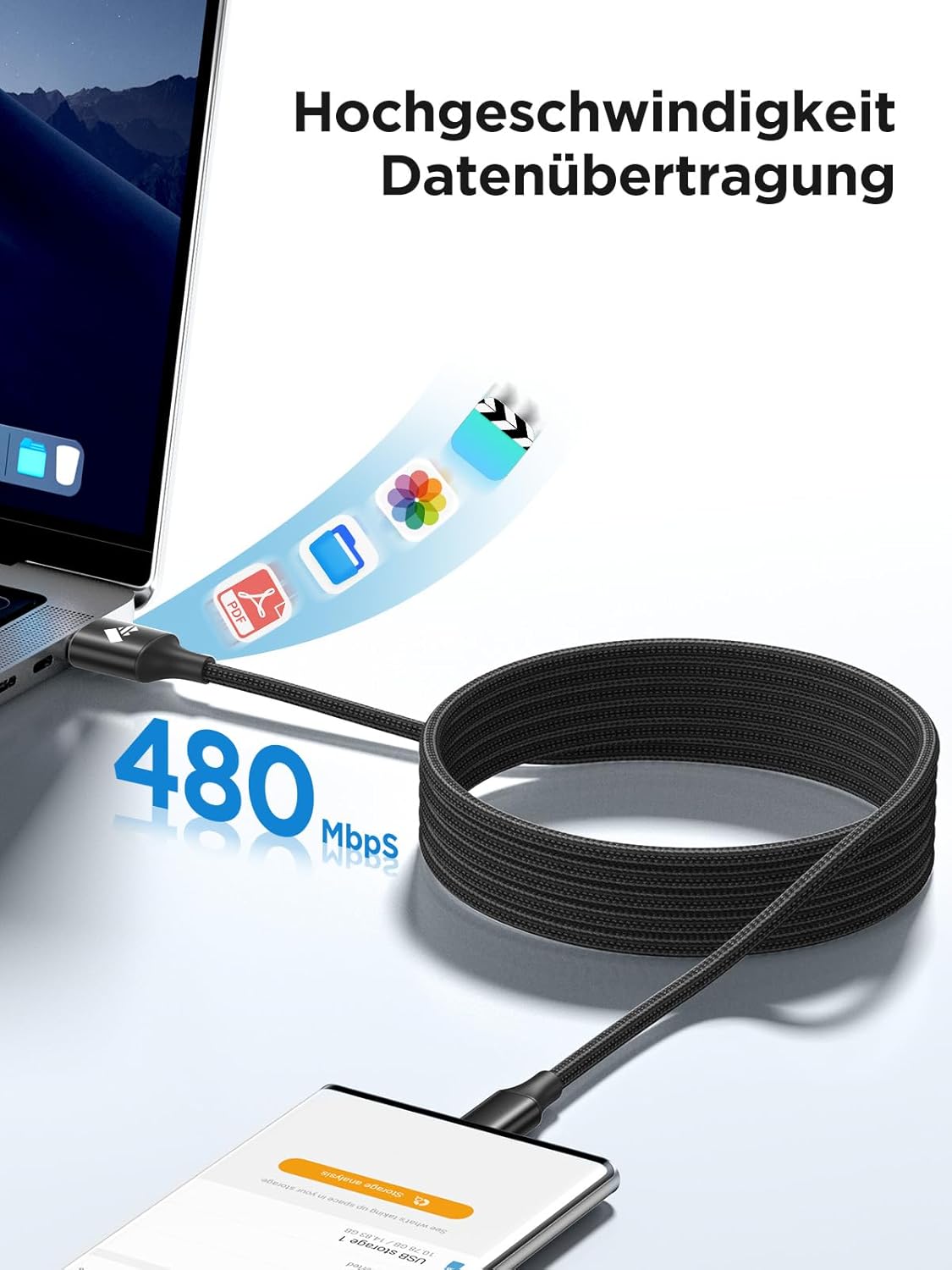 Thumbnail 1 de USB-C Kabel 3 m (Nylon) USB auf USB-C, Schnellladekabel 3A mit Datenübertragung bis 480 Mbit/s