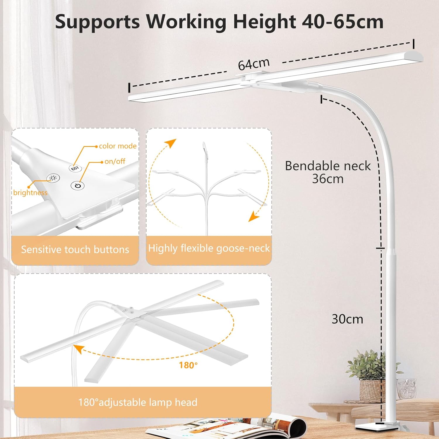 Thumbnail 4 de Schreibtischlampe LED Dimmbar mit Doppelkopf, Klemmbar, 1200 Lumen – Augenfreundliche Beleuchtung für Homeoffice