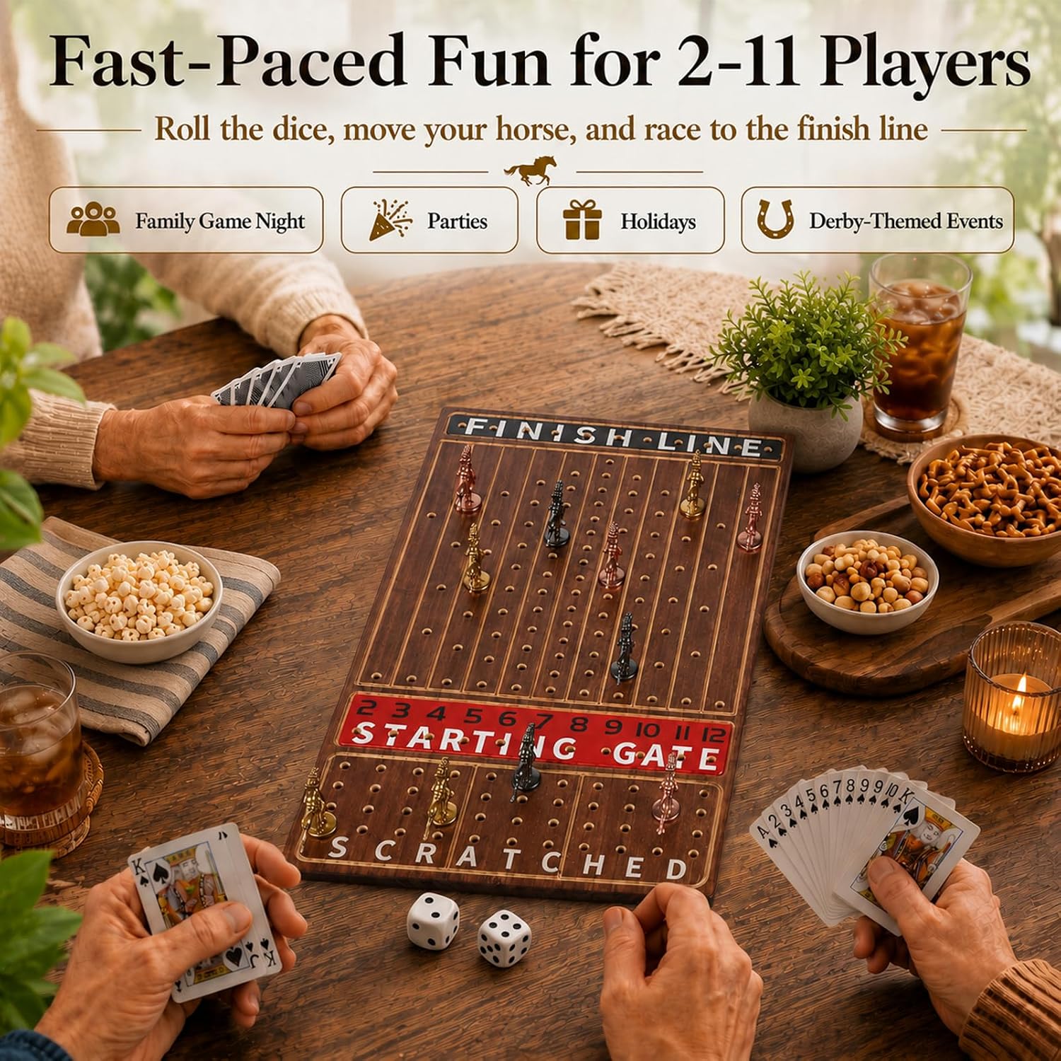Thumbnail 6 de Jyquorp Horse Race Board Game (Rustic Brown) with 11 Metal Horses, 2 Dice, and Card Boxes