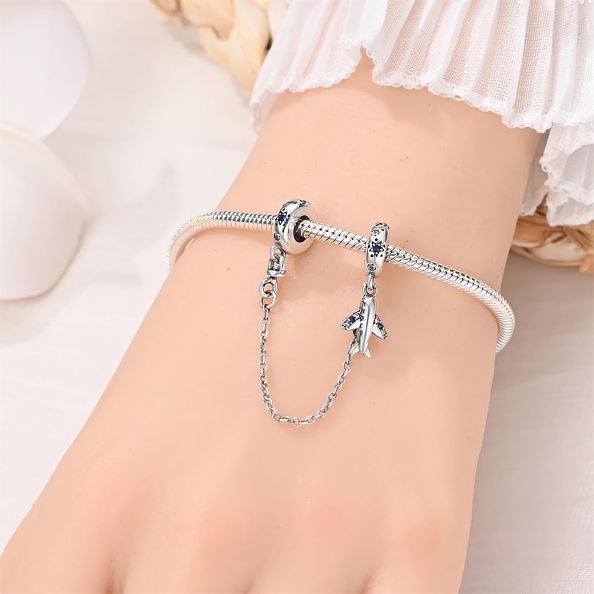 Thumbnail 3 de 925 Sterling-Silber Sicherheitskette/Charm-Clasp mit Herz & Silikon-Stopper für Charm-Armbänder
