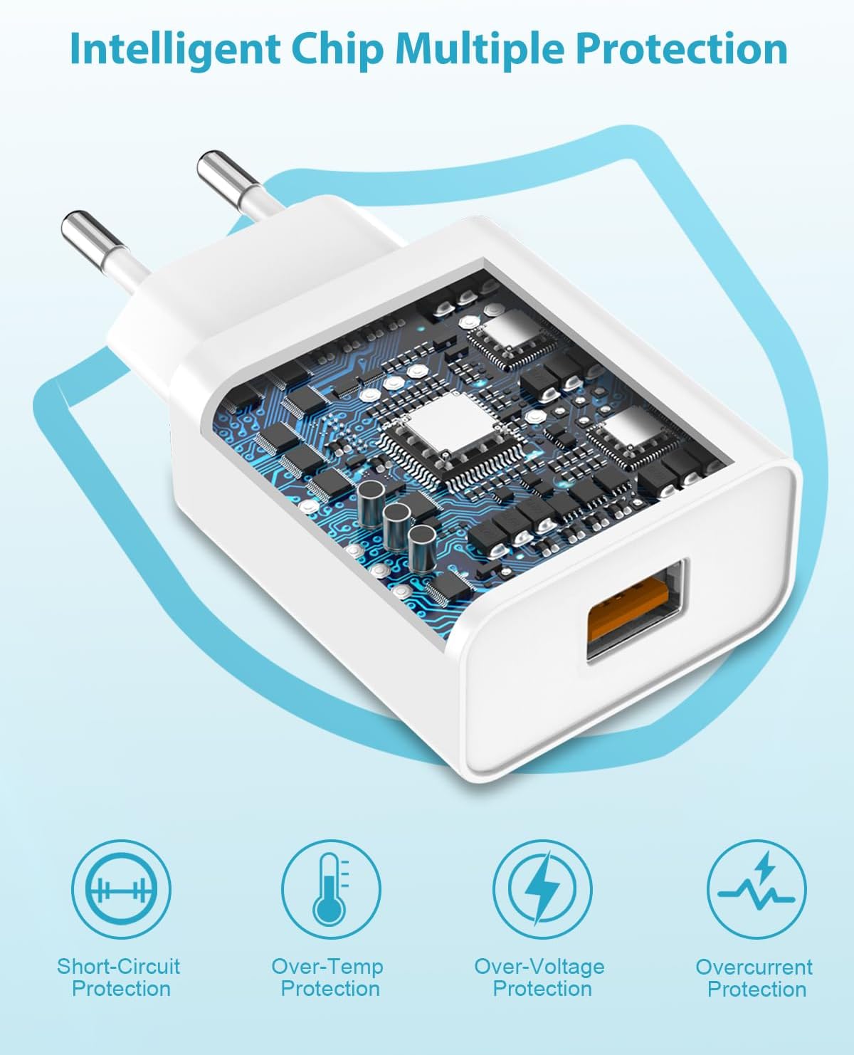 Detalle de Chargeur USB rapide 18W avec câble USB-C 2 m – Quick Charge 3.0, prise secteur pour Samsung, Xiaomi, Huawei