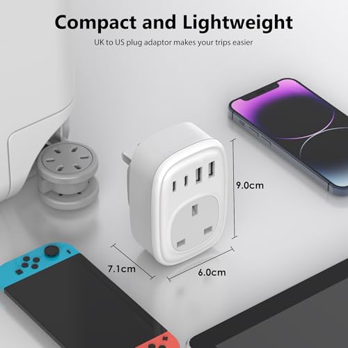 Thumbnail 6 de Tusreda UK to US Plug Adaptor: 4-in-1 Travel Charger with USB-C & USB Ports