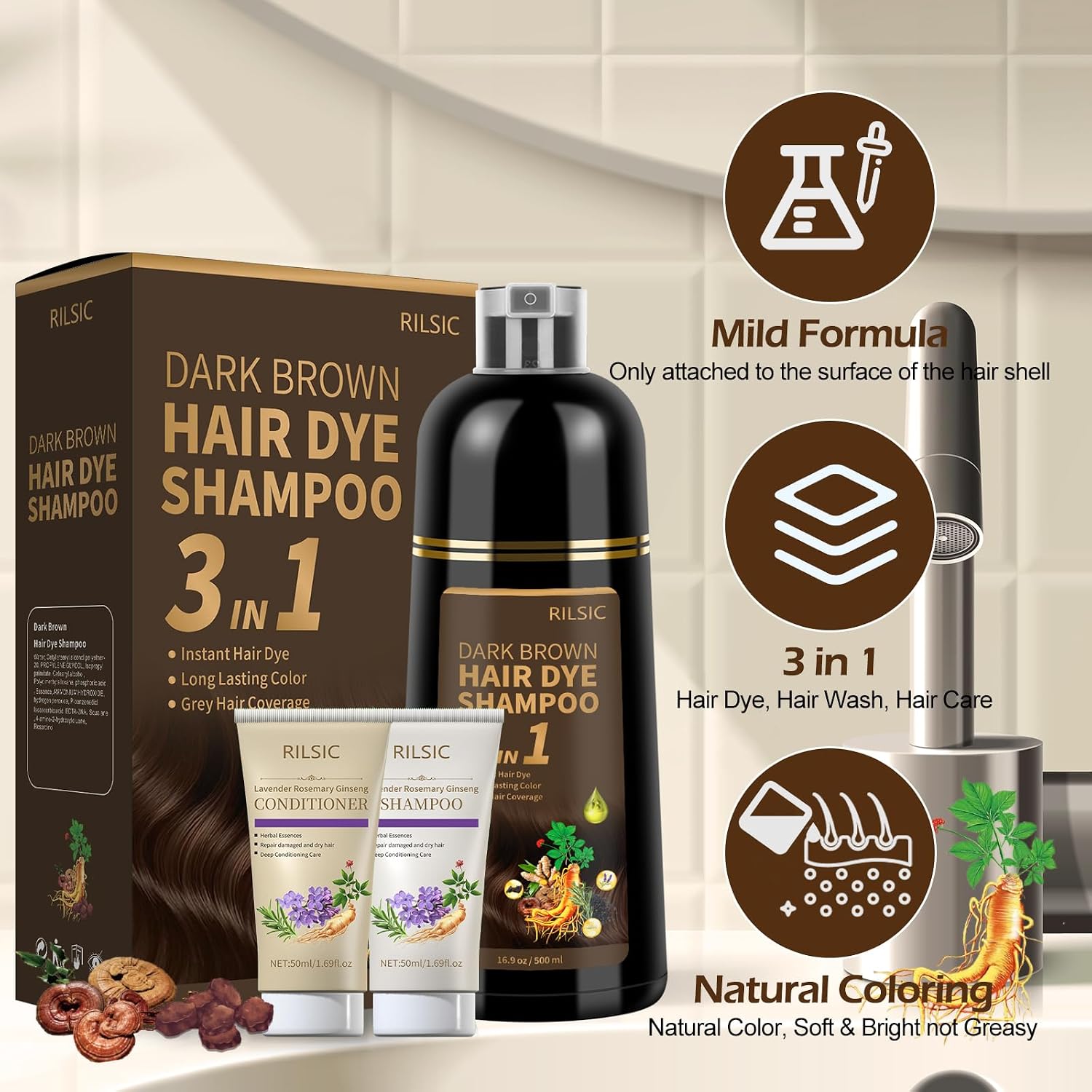 Detalle 2 de RILSIC Shampoo Colorante Castano Scuro 600 ml