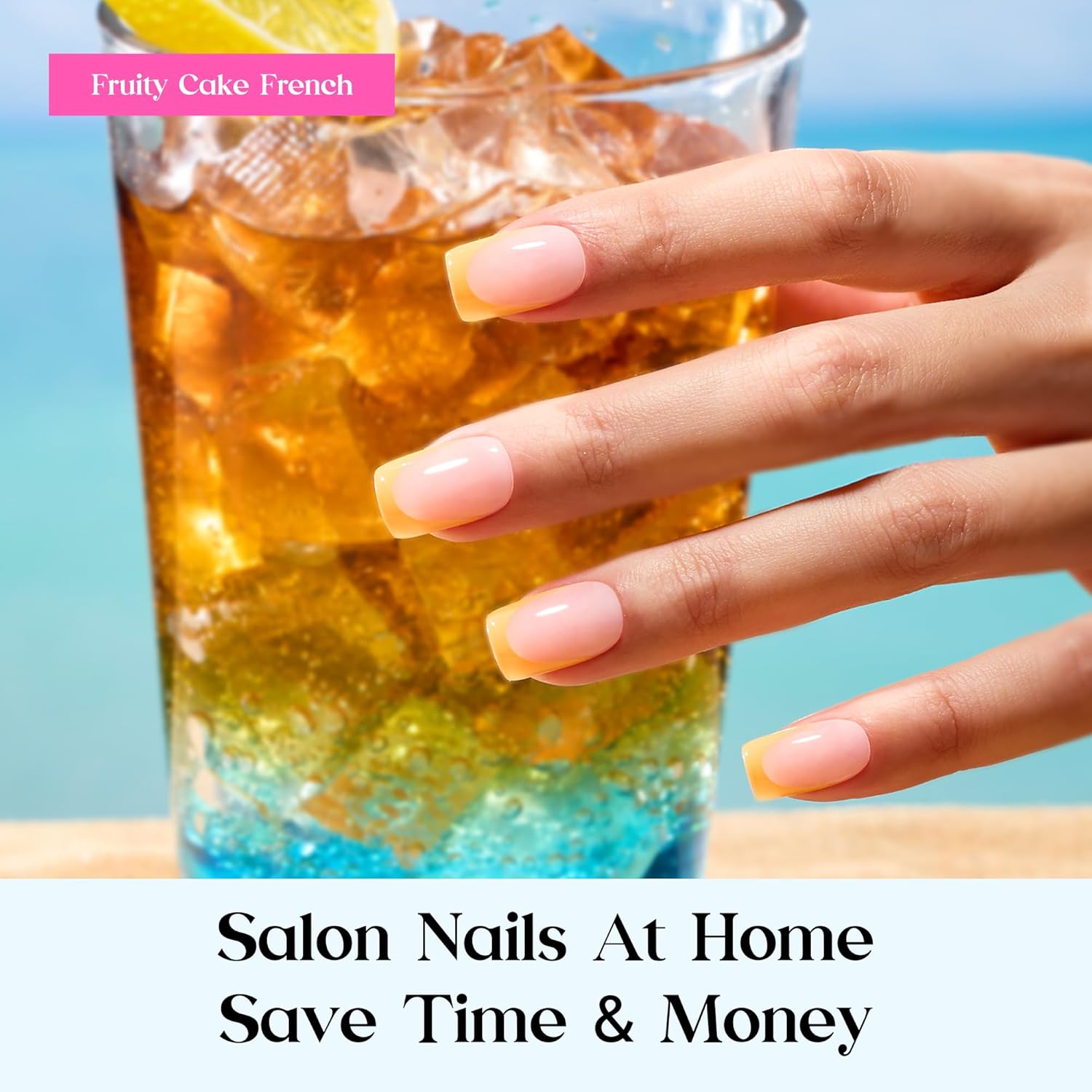 Detalle de Beetles Summer Press On Nails (224 pcs, 7 colors) Short Square French Tip False Nails