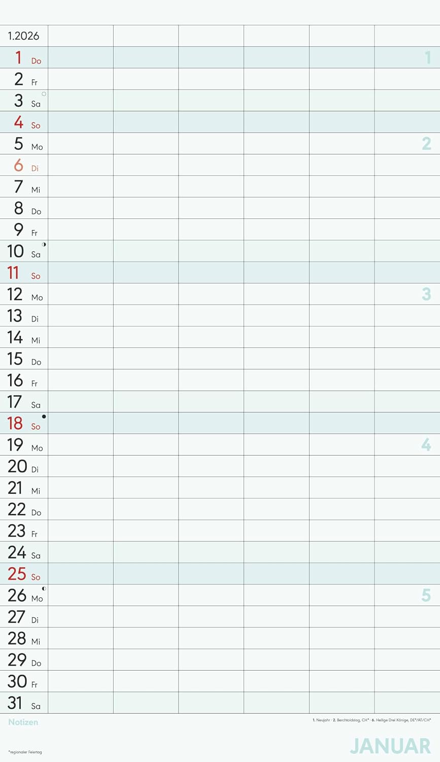 Detalle de Alpha Edition Superplaner XL 2026 mit 6 Spalten – Familienkalender 26×45 cm