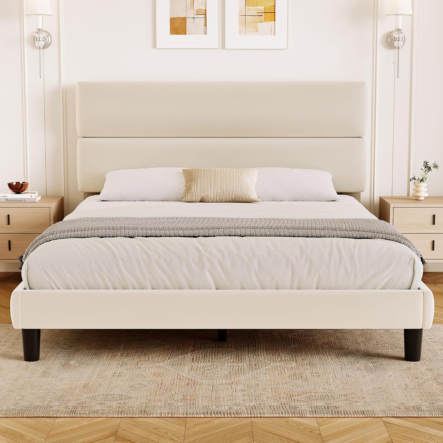 Detalle de GRUSIGN HFCJ-Q-WHT Queen Platform Bed Frame with Adjustable Beige Velvet Headboard