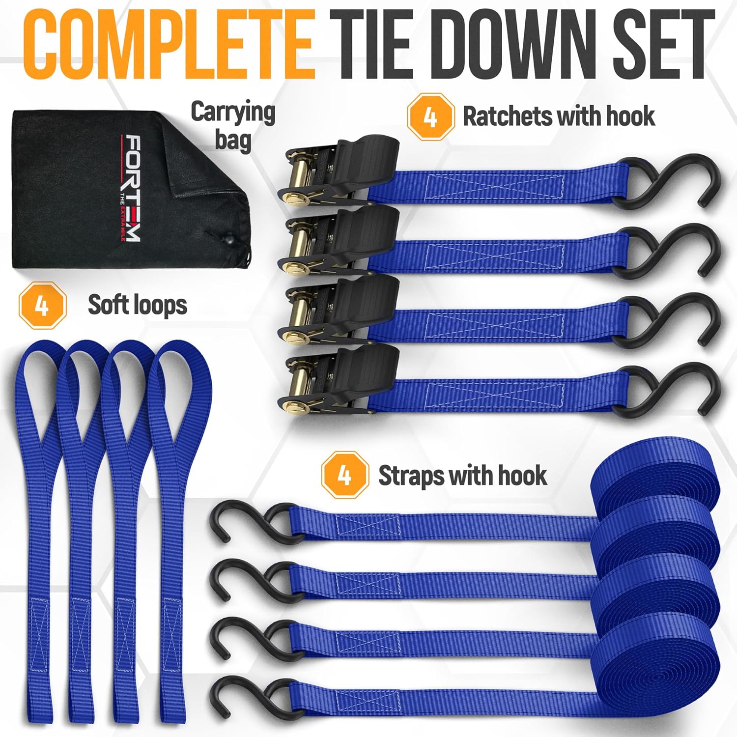 Detalle 2 de FORTEM Ratchet Straps Tie Down Kit (4-Pack) – 748kg break strength, 4.6m x 2.54cm
