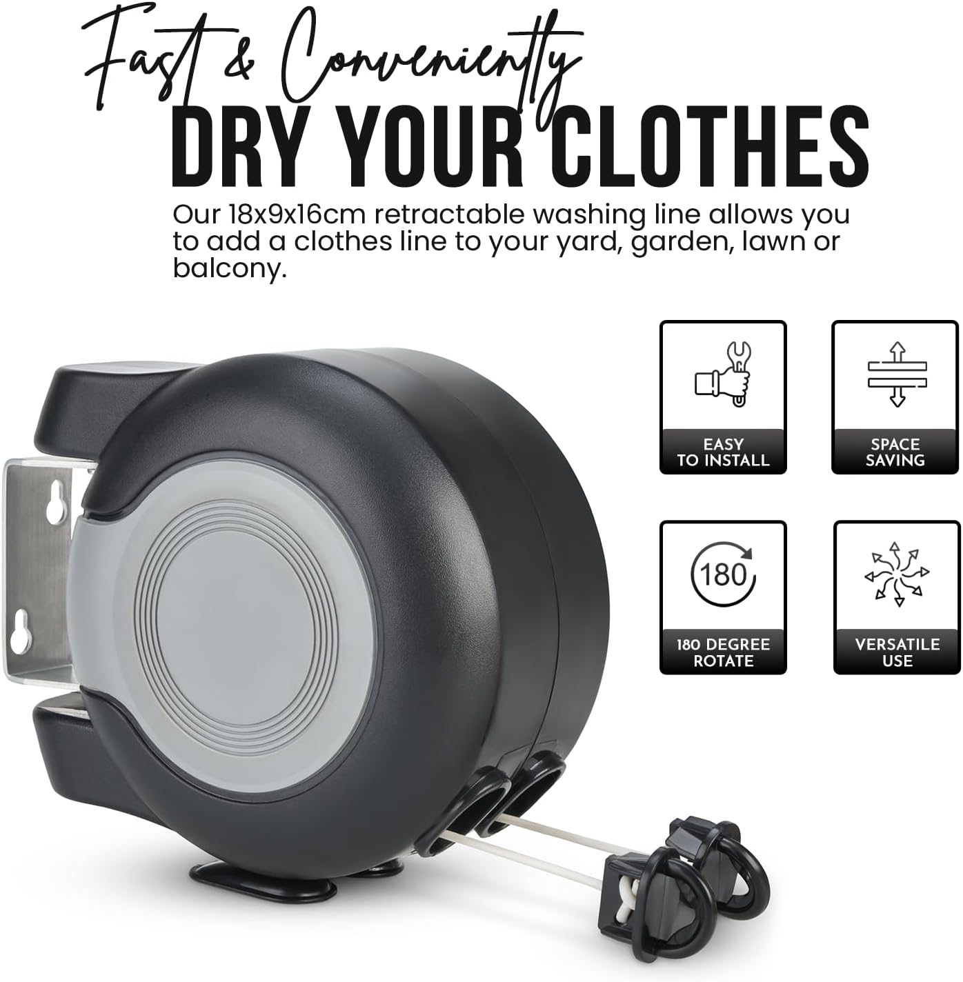 Thumbnail 2 de SA Products wall-mounted twin retractable washing line (2x15m, up to 30m extended) – black