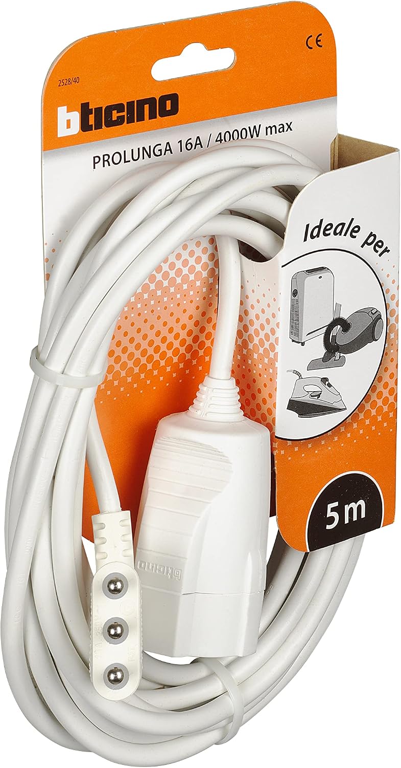 Detalle de BTicino 2528/40 Prolunga Elettrica Domestica 5 m con Spina 16A e Presa Schuko Bianco
