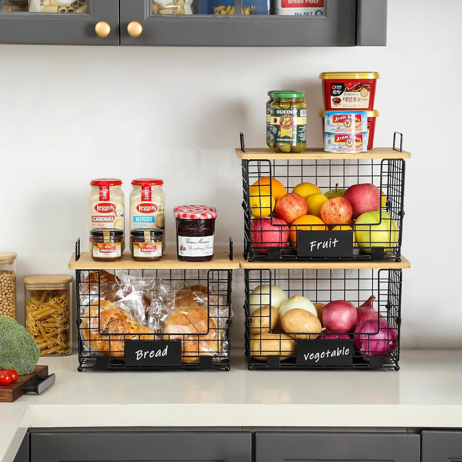Detalle 2 de XXL Stackable Wire Basket with Bamboo Top 14.6