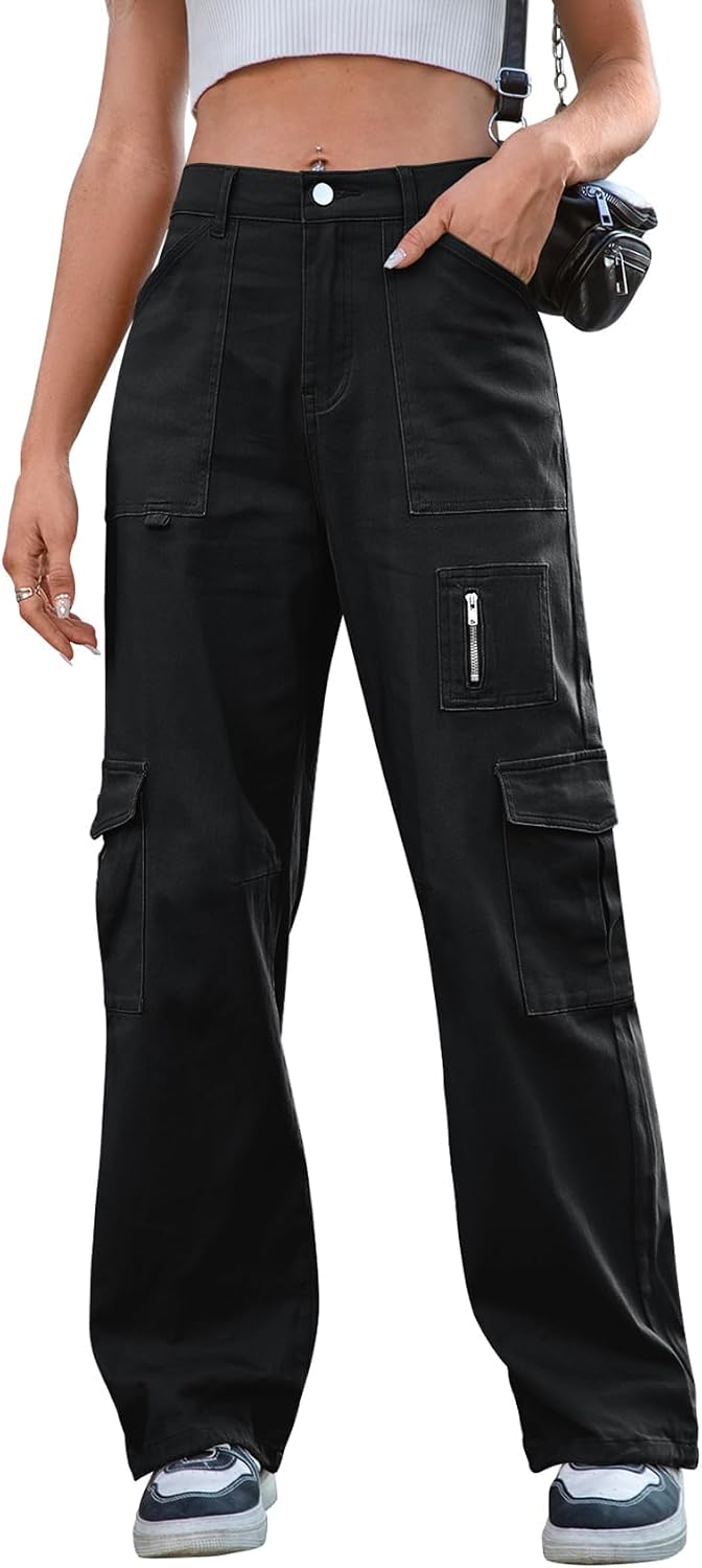 Detalle de IVIR Women's High-Waisted Wide-Leg Cargo Pants with 7 Pockets