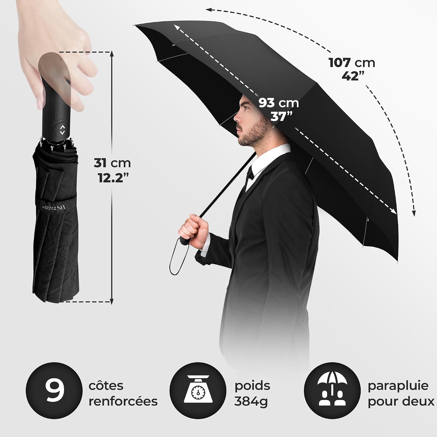 Detalle 1 de Parapluie Pliant Compact Automatique – Résistant au Vent et Télescopique, Noir