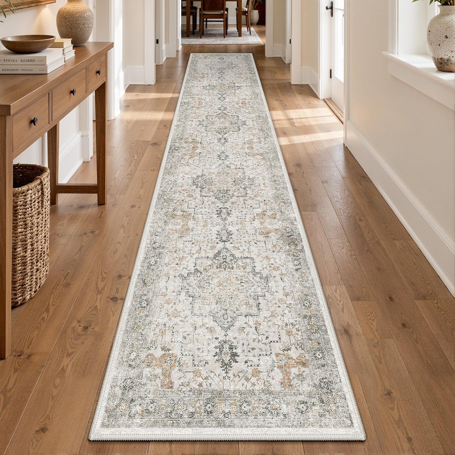Detalle de GENIMO Runner Washable Runner Rug, 2'6" x 12', Gray Beige Floral