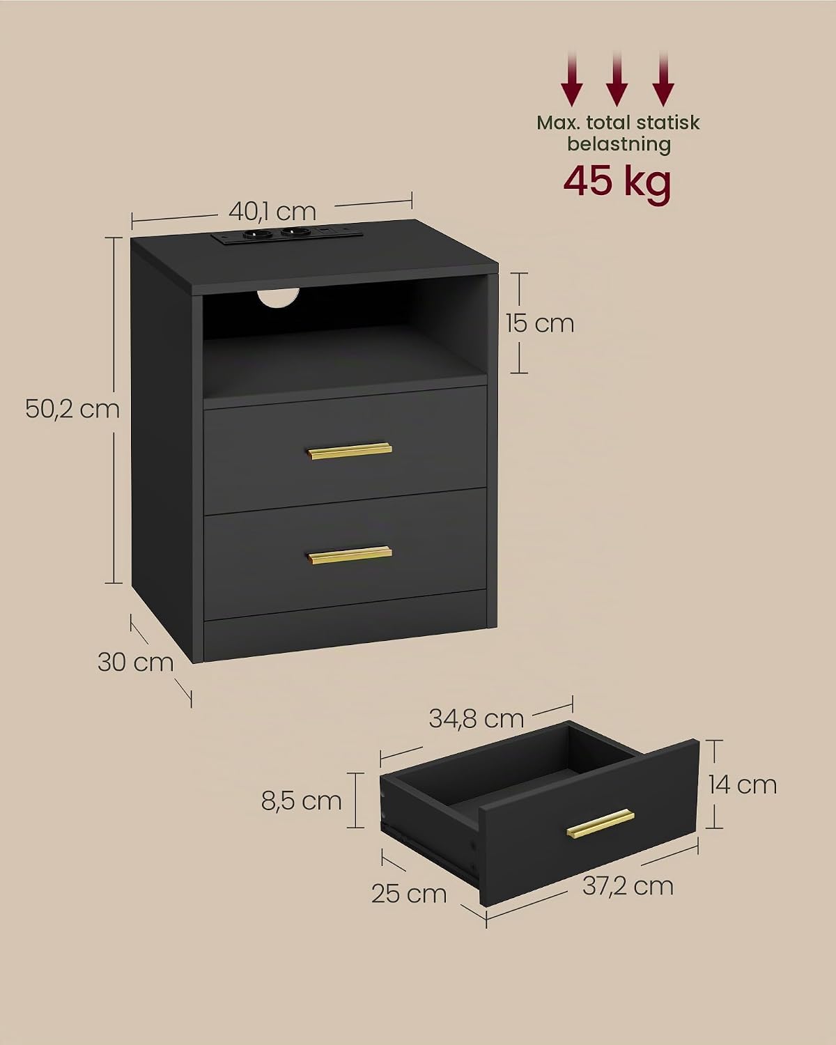Detalle de VASAGLE LET829BC01 Custos sängbord, 2-pack med LED och uttag, bläcksvart
