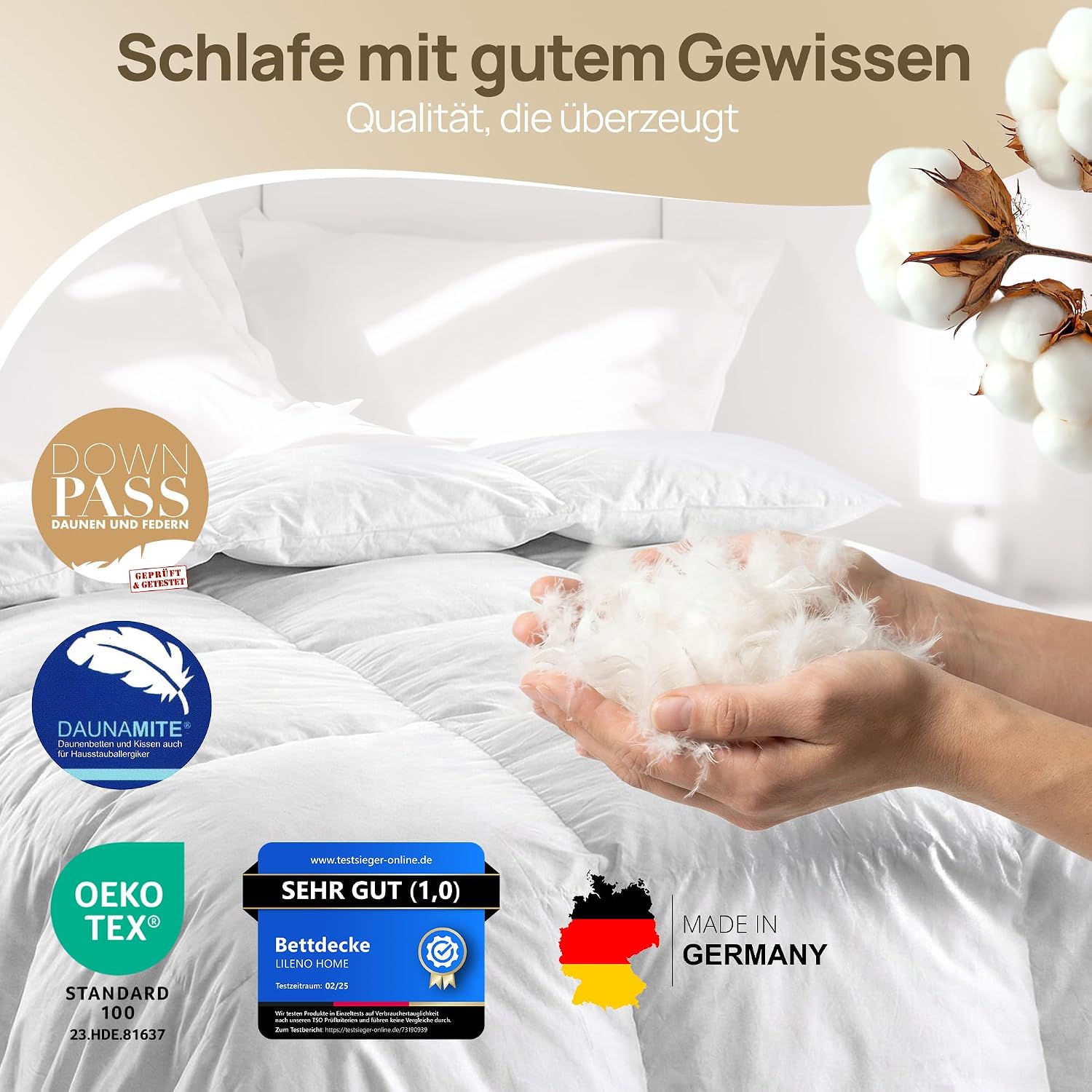 Detalle de LILENO HOME Premium Daunendecke 135x200 Ganzjahresdecke – 90% Daunen / 10% Federn, Flüsterleise & Wolkenweich