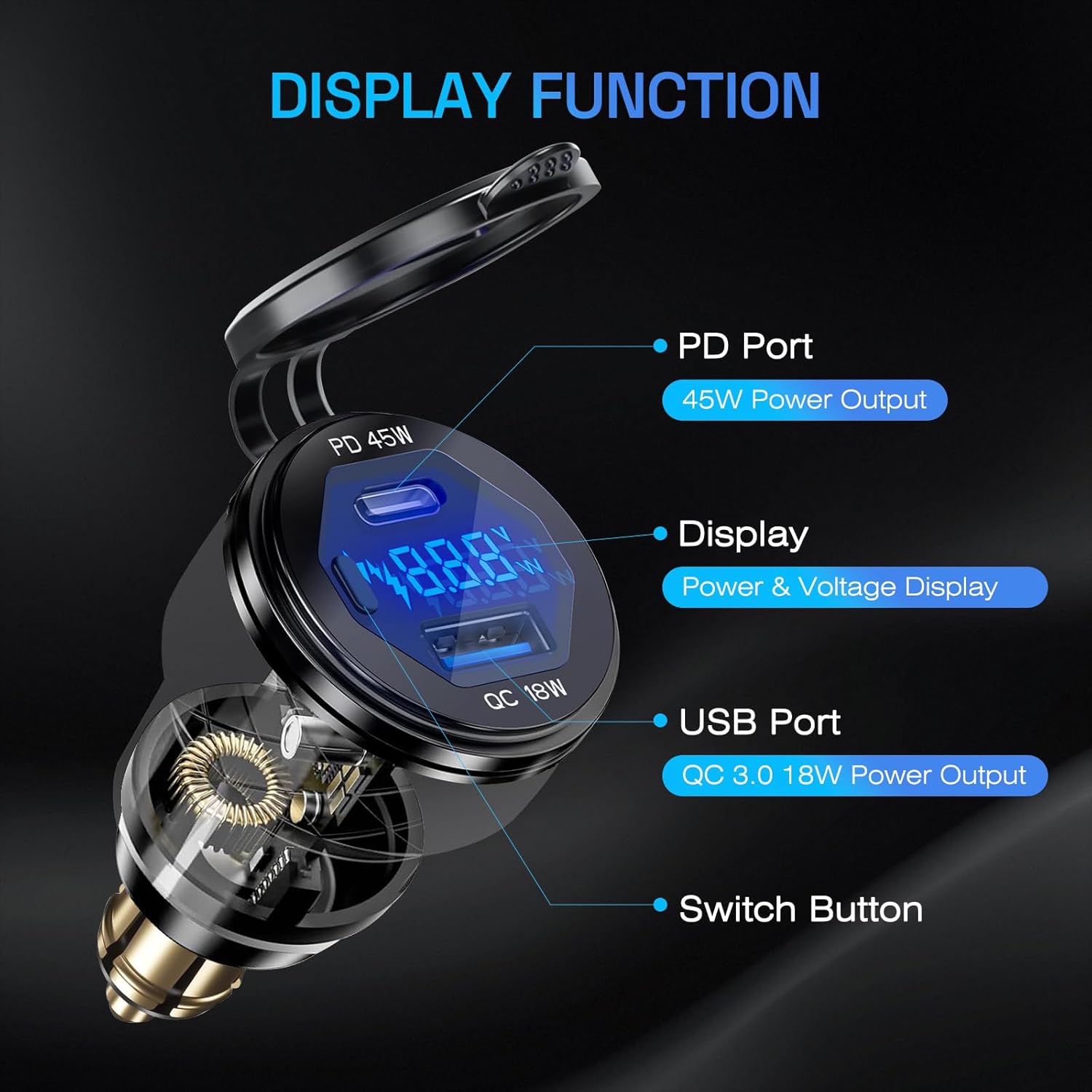 Detalle de Din Hella Plug vers USB Chargeur Adaptateur 45 W PD3.0 / 18 W QC3.0 pour moto 12–24 V, étanche avec voltmètre LED