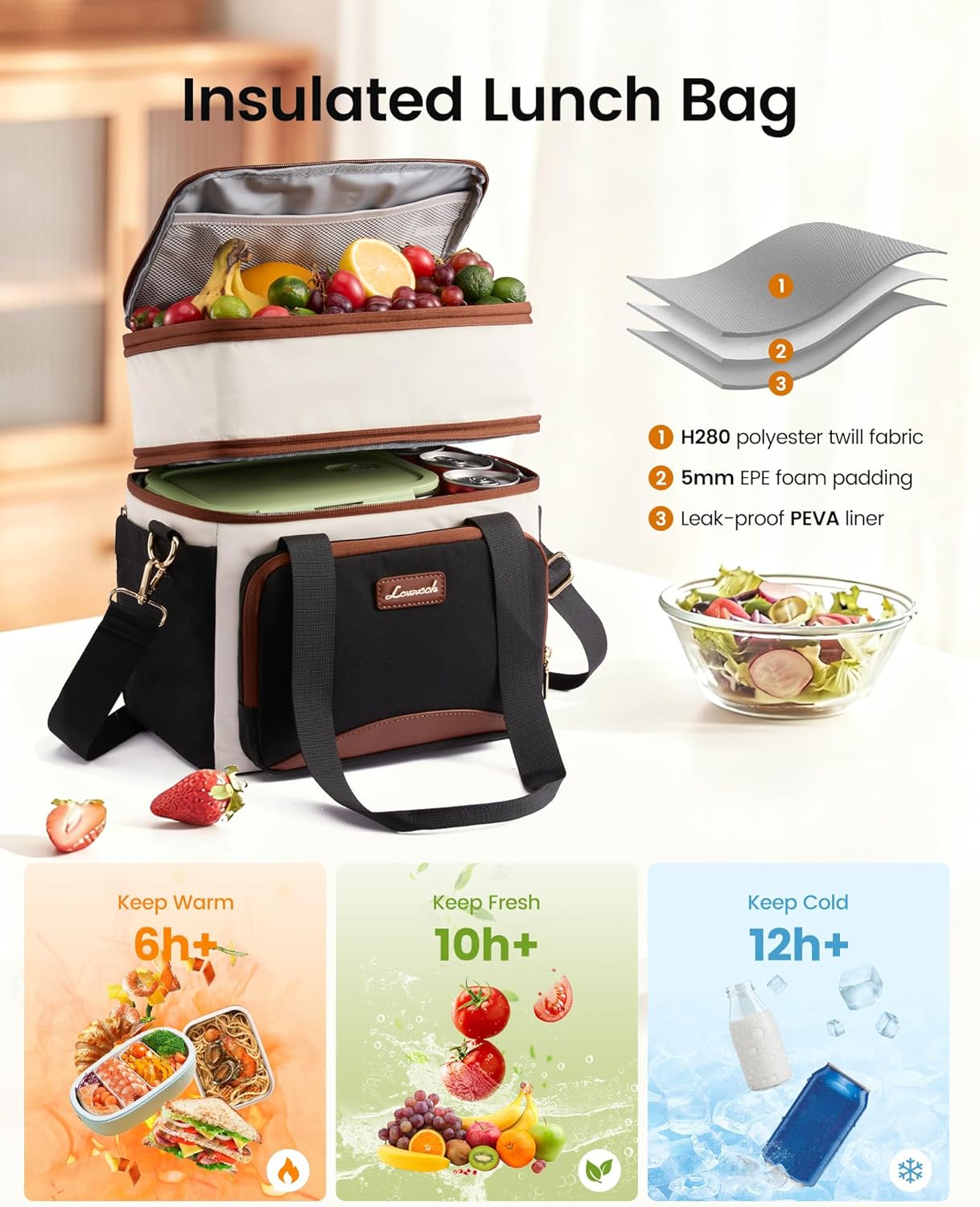 Thumbnail 2 de LOVEVOOK Insulated Lunch Bag for Women, 15L Large Double Deck Tote with Cup Holder