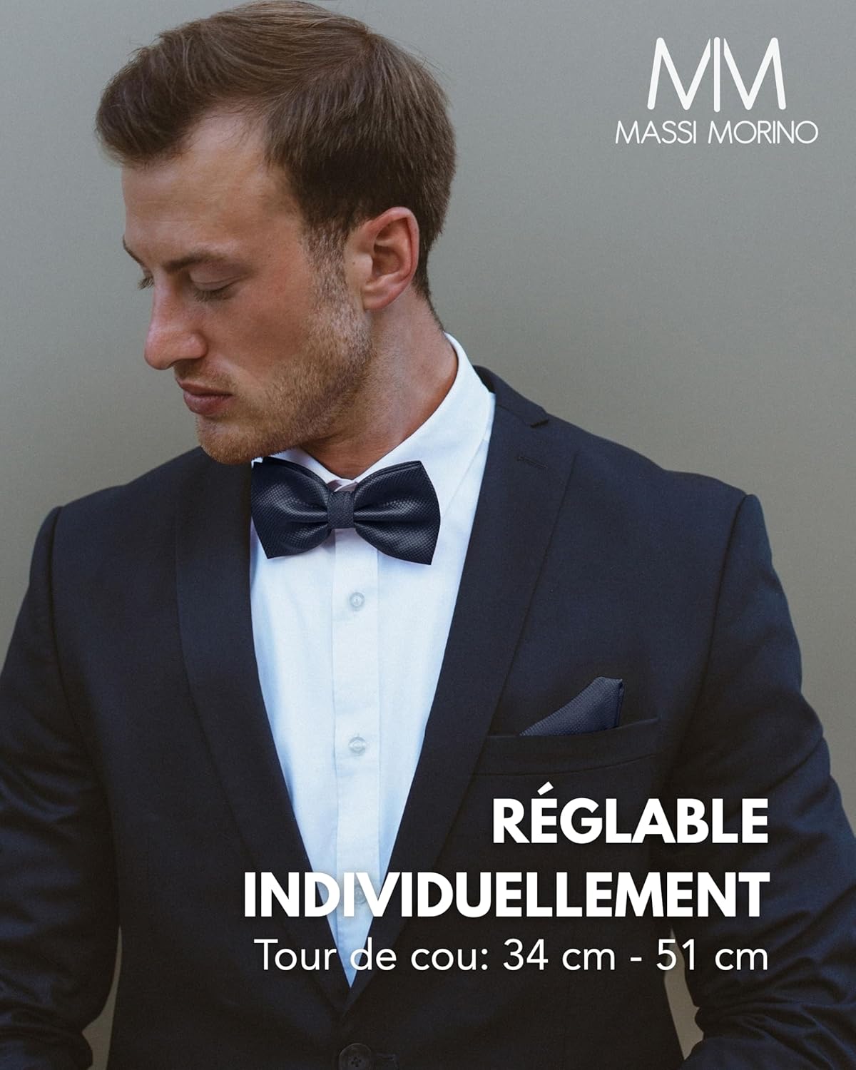 Thumbnail 2 de Massi Morino nœud papillon homme avec pochette assortie et boucle réglable, set pour mariage