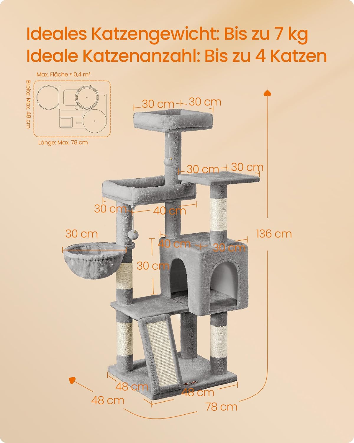 Thumbnail 5 de Feandrea Kratzbaum 136 cm hoch – vielseitiger Katzenbaum mit 4 Kratzsäulen, 3 Plattformen und Höhle