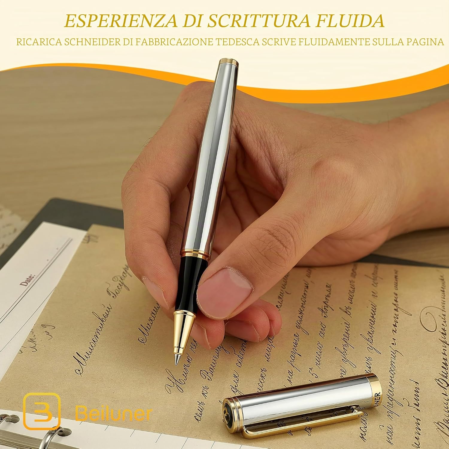 Thumbnail 6 de BEILUNER Penna Rollerball di Lusso con finiture oro 24K (cromo & oro) e ricambio Schneider