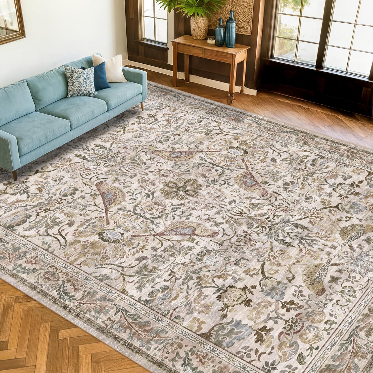 Thumbnail 5 de Vintage Moss Green 8x10 Washable Area Rug by Hazo Haus