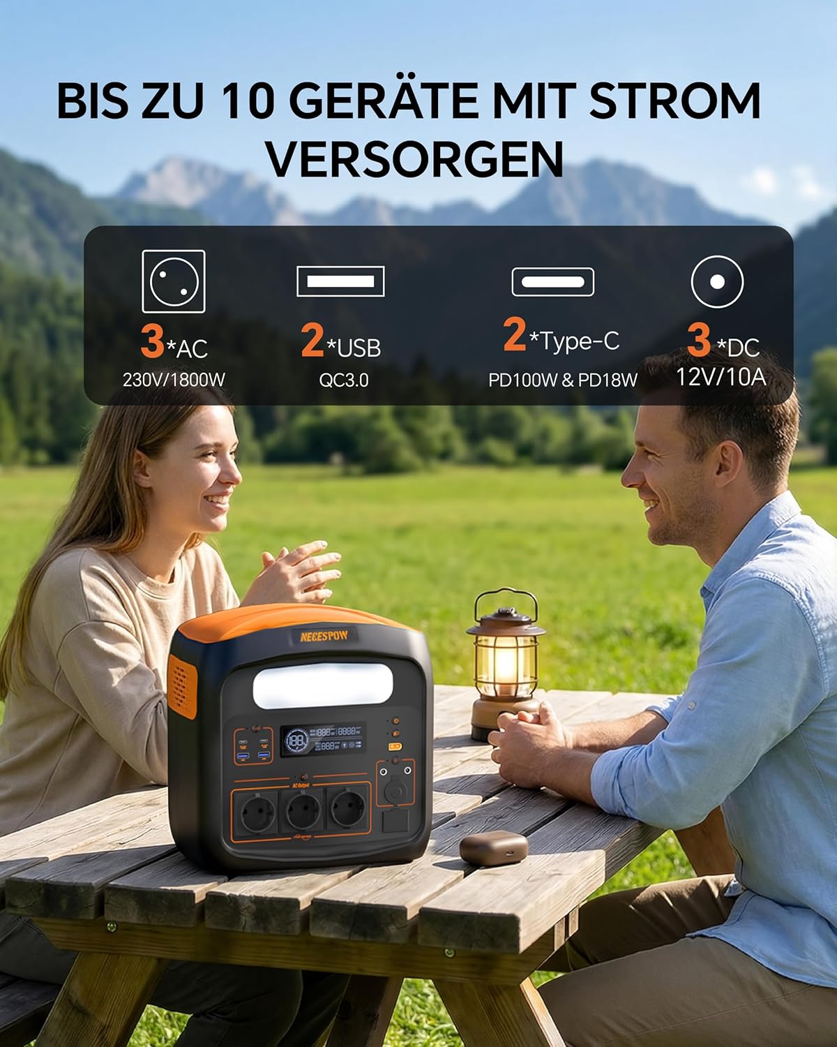 Detalle de Tragbare Powerstation 1800W (3600W Spitzenleistung) mit 1102,5Wh LiFeMnPO4 Akku – Schnellladung & Solarunterstützung