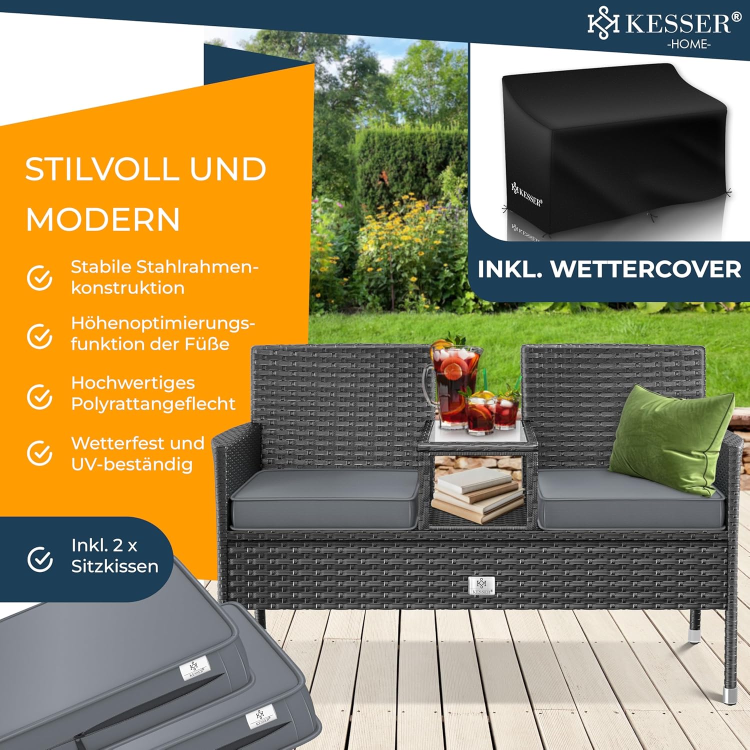Thumbnail 1 de KESSER Polyrattan Gartenbank mit Tisch, 2-Sitzer, 143x63x88 cm – wetterfest, inkl. Kissen & Cover, Anthrazit