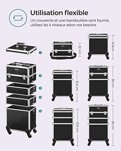 Detalle de SONGMICS Valise à maquillage JHZ06B – Mallette trolley grande taille, 4 niveaux