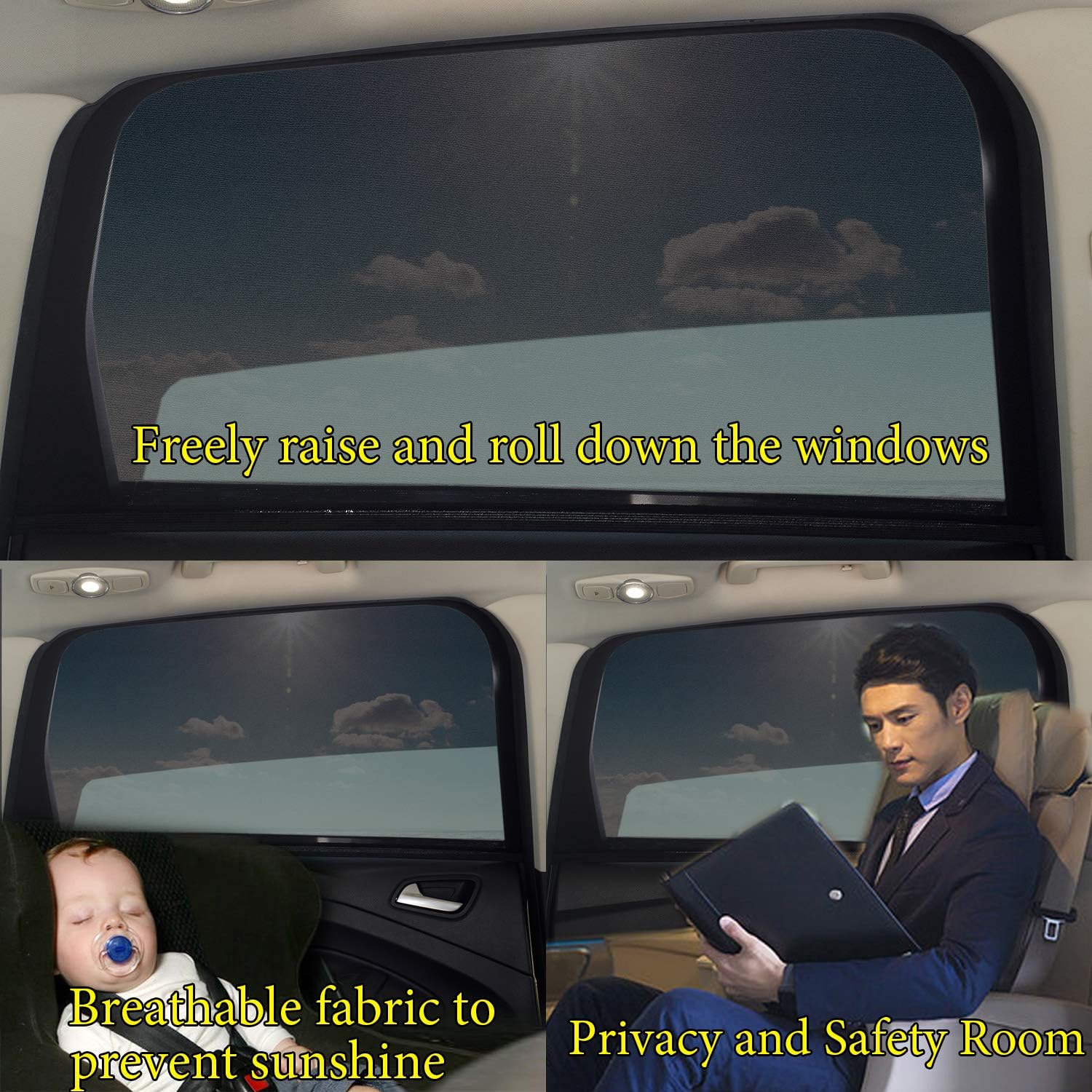 Thumbnail 4 de Lot de 2 pare-soleil universels Beicarin pour fenêtre avant de voiture (filet respirant, protection UV)