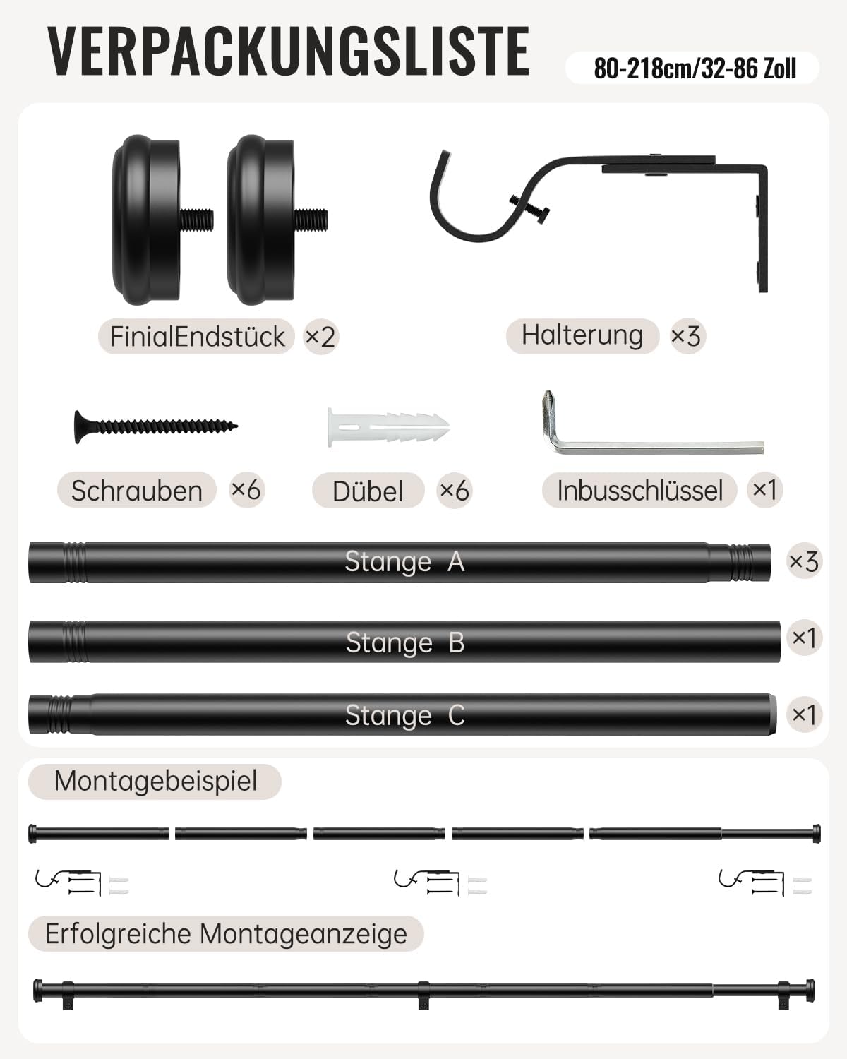 Detalle de DEFYNEE tringle à rideaux extensible noire 80 à 218 cm (25 mm) avec supports
