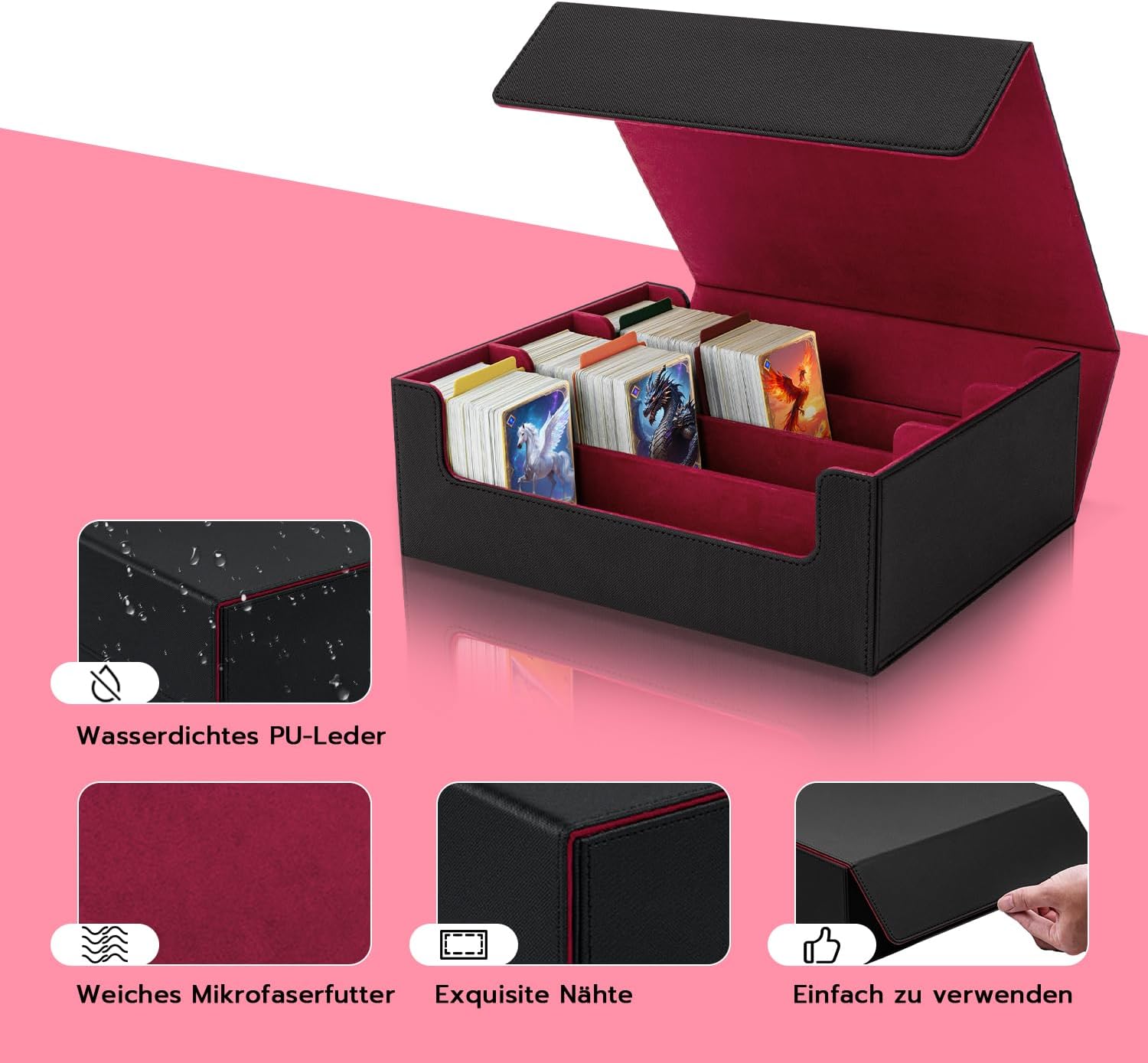 Thumbnail 4 de Tolesum Kartenbox für MTG – 1800+ Karten mit Trennwänden, PU-Leder, Magnetverschluss (Schwarz & Rot)